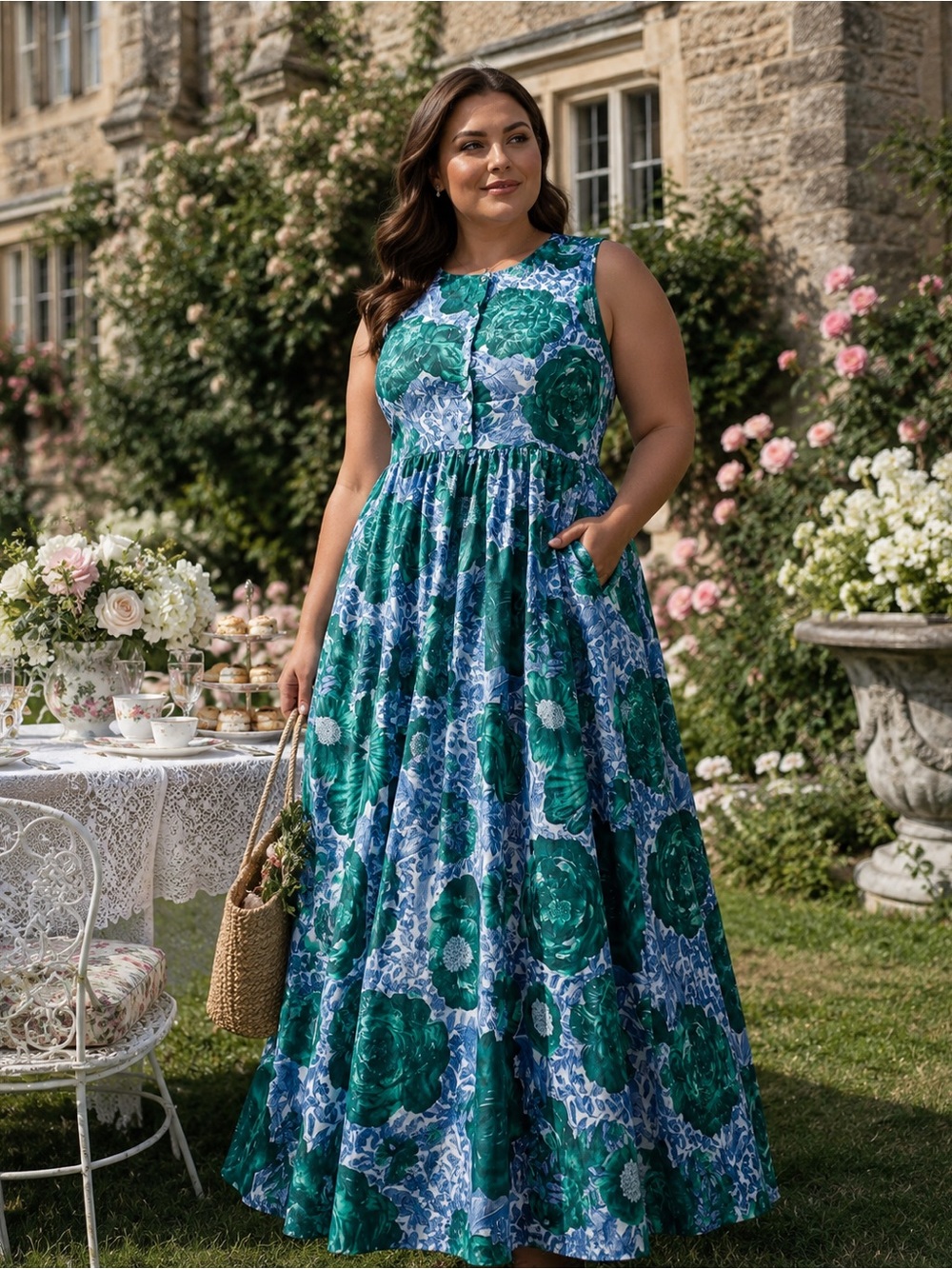 TCEC All Together Now Green Blue Floral Garden Party Maxi Dress Size L